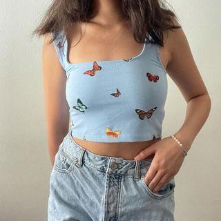 Butterfly Print Square Neck Sleeveless Top
