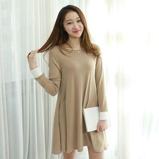 Petite Size - Contrast-cuff Mini Flare Dress