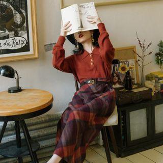 Set: Long-sleeve Polo-neck Top + Plaid Midi A-line Skirt
