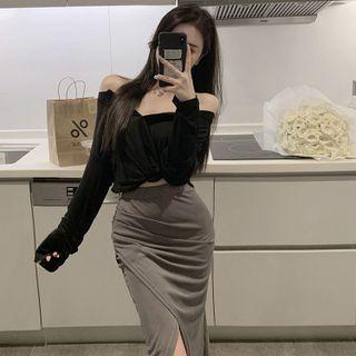 Long-sleeve Henley T-shirt / Midi Pencil Skirt