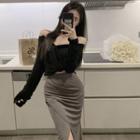 Long-sleeve Henley T-shirt / Midi Pencil Skirt