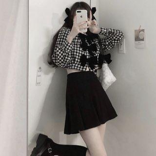 Set: Plaid Bow Accent Blouse + Mini A-line Skirt