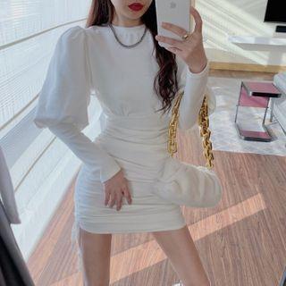 Puff-sleeve Drawstring Shirred Mini Bodycon Dress