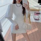 Puff-sleeve Drawstring Shirred Mini Bodycon Dress