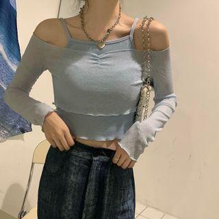 Plain Camisole / Off-shoulder Cropped Top Set - One Size