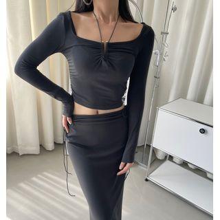 Square-neck Plain Drawstring Cropped Top