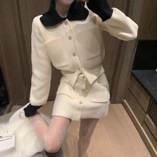 Collared Colorblock Cardigan / High-waist Mini Skirt