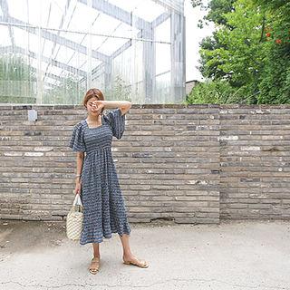 Square-neck Smocked Patterned Long Dress
