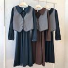 Set:long-sleeve Plain Dress + V-neck Sleeveless Knit Vest