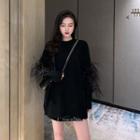 Feather-accent Sweater Black - One Size