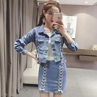 Set: Lace-up Denim Jacket + Skirt