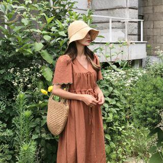 Floral Embroidered V-neck Drawstring-waist Maxi Dress