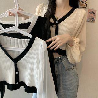 Contrast Trim V-neck Chiffon Cropped Cardigan