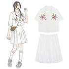 Flower Embroidered Elbow-sleeve Shirt / Mini A-line Skirt