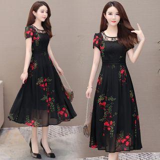 Flower Print Short-sleeve Midi A-line Chiffon Dress