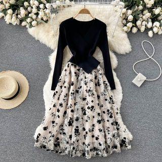 Mock Two-piece V-neck Knit Long-sleeve Panel Lace Mesh Dress Black - One Size