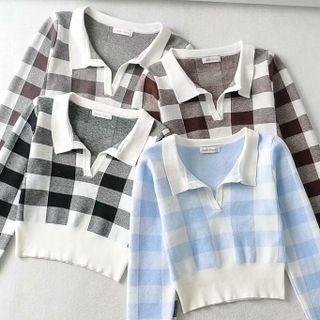 Long-sleeve Cropped Check Polo Knit Top