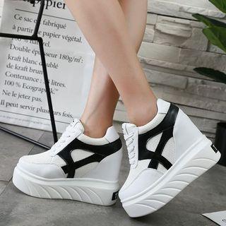 Platform Wedge Mesh Panel Lace-up Sneakers