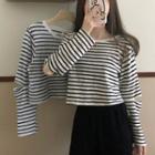Long-sleeve Striped Slit-sleeve Cropped Top