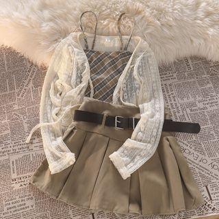Lace Cardigan / Plaid Camisole Top / Belted Pleated Mini A-line Skirt