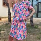 Short-sleeve Floral Print Shirt / Mini Skirt