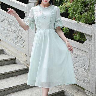 Ruffled Embroidered Elbow-sleeve Chiffon Dress