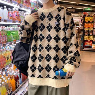 Distressed Argyle Print Sweater