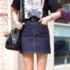 Metallic-button Denim Mini Skirt