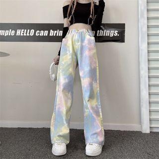 High Waist Tie-dye Print Wide Leg Jeans