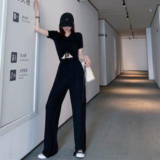 Set Of 2: Drawstring Short-sleeve Crop Top + Wide-leg Pants Black - One Size