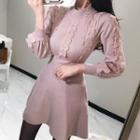 Long-sleeve Lace Trim Mini A-line Knit Dress