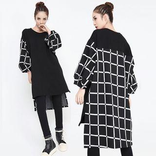 Check Panel Balloon-sleeve Pullover Dress