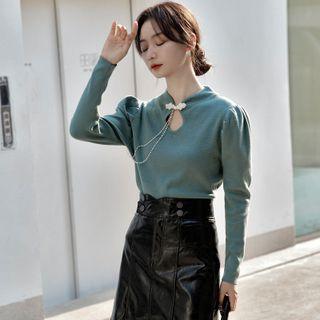 Long-sleeve Faux Pearl Trim Frog-buttoned Knit Top