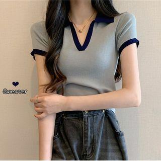 Short-sleeve V-neck Contrast Trim Knit Polo Shirt