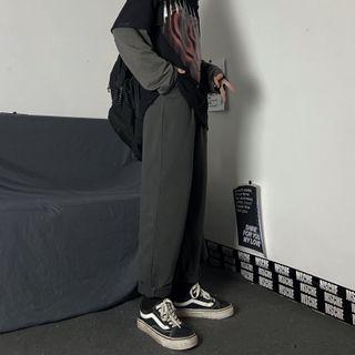 High-waist Plain Straight-cut Pants Gray - One Size