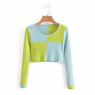 Two-tone Crop Knit Top Green & Blue - One Size