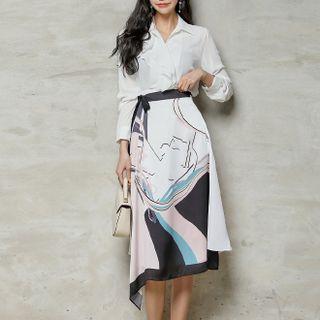 Set: Plain Blouse + Print Midi A-line Skirt