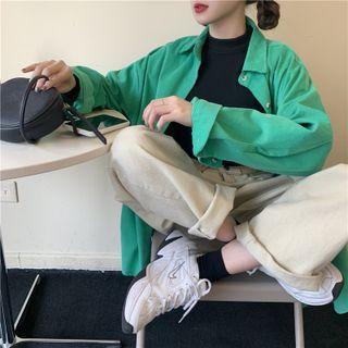 Long-sleeve Plain Corduroy Loose-fit Shirt