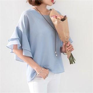 Drop-shoulder Ruffle-sleeve Top