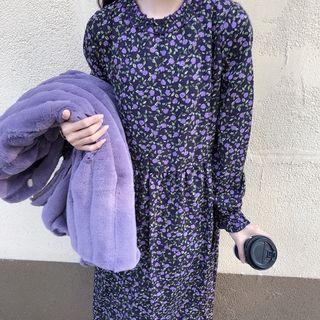 Faux-fur Coat / Floral Long-sleeve Dress