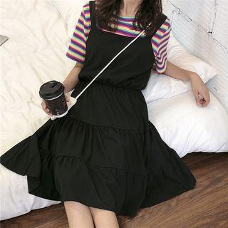 Set: Short-sleeve Striped Knit Top + Midi Pinafore Dress Set Of 2 - Top & Pinafore Dress - One Size