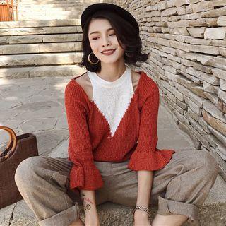 Bell-sleeve Cutout-shoulder Panel Knit Top