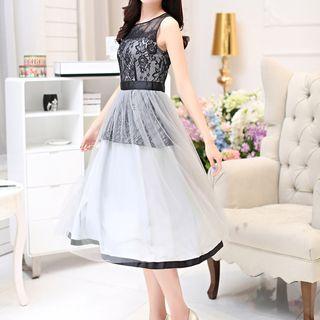 Sleeveless Lace-panel Mesh Dress