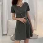 Short Sleeve Asymmetrical Neck Plain A-line Dress
