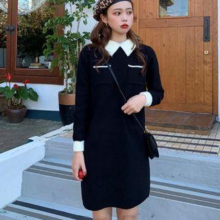 Long-sleeve Pocketed Knit Dress Black - One Size