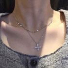 Cross Rhinestone Pendant Layered Necklace Silver - One Size