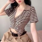 Short-sleeve V Neck Striped Crop Top