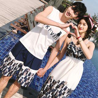 Couple Matching Patterned Spaghetti Strap Dress / Lettering Tank Top / Color Panel Shorts