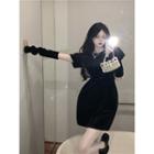 Set: Short-sleeve A-line Dress + Arm Sleeve Black - One Size