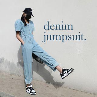 Puff-sleeve Wide-leg Denim Jumpsuit Light Blue - One Size